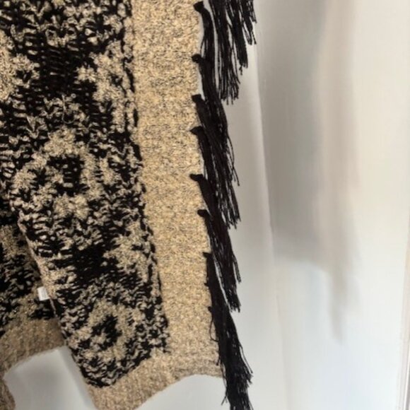 Cato Beige Black Gold Metallic L Drape Open Front Tribal Cardigan Fringe Boho - Picture 4 of 9